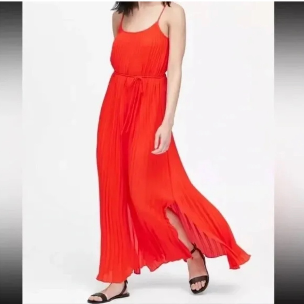Banana Republic orange red pleated slip on cami maxi dress Size 2P